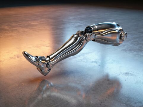 Chrome Prosthetic Leg on Reflective Futuristic Surface