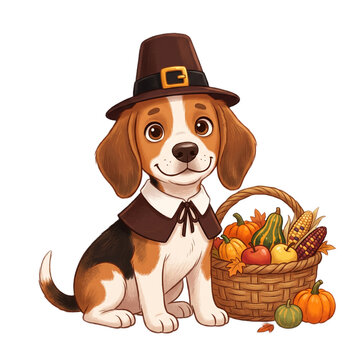 Cartoon beagle puppy wearing a pilgrim hat sitting beside a wicker basket filled with harvest vegetables with colorful corn white background
