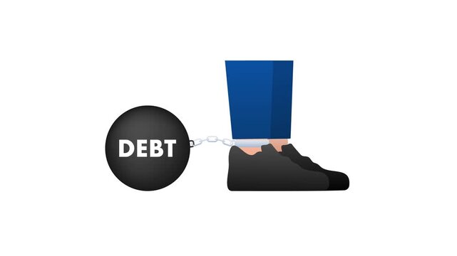 Businessman walking with a heavy debt ball and chain