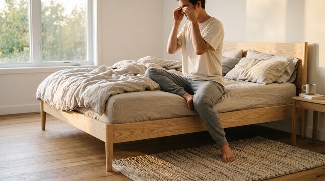Man sitting on unmade bed rubbing tired eyes in softly lit bedroom with rumpled bedding, wooden furniture, window, rug, and calm residential interior setting