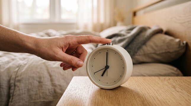 Hand reaching toward round analog alarm clock on bedside table beside unmade bed in softly lit bedroom, morning routine and timekeeping still life indoors