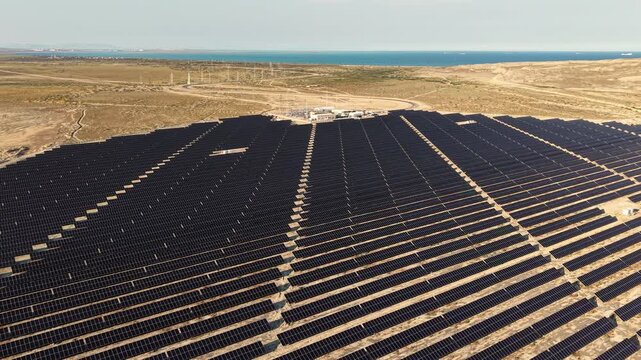 Ecology solar power station panels in the fields green energy. Landscape electrical innovation nature environment