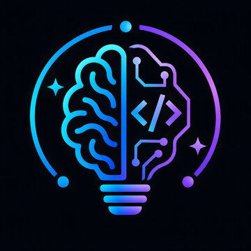 AI Brain Lightbulb Symbol: An innovative graphic representing the fusion of human intellect and artificial intelligence, symbolizing ideas, technology, and progress.