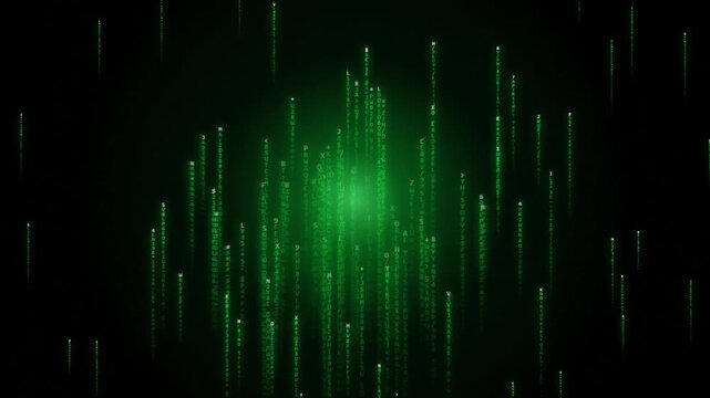 Green digital matrix rain background, falling binary code data stream, glowing emerald light trails on black, futuristic cybersecurity concept
