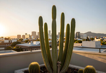 Obraz premium Urban sustainability and desert living, tall cactus plant on a rooftop terrace overlooking a city skyline at sunset with warm golden hour light