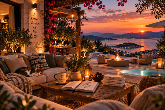 Serene Sunset Retreat: A cozy, inviting outdoor living space with comfortable seating, a crackling fire pit, and a shimmering pool overlooks a breathtaking sunset over the ocean.