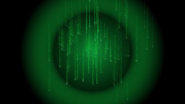 Cyberpunk green matrix digital rain, falling binary code data stream on dark background, futuristic technology motion graphics for hacking and security