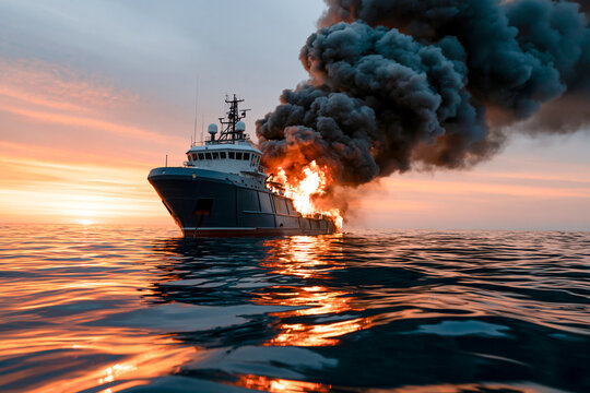 A large commercial ship burning in the open sea at sunset, emitting massive plumes of thick black smoke and bright orange flames reflecting on the rolling water surface.