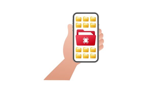 Hand holding smartphone with computer virus folder