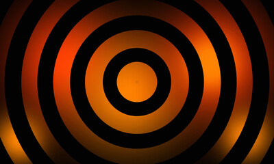 Bold abstract composition featuring multiple concentric orange and black circular rings arranged around a central orange disk, creating a striking optical illusion. © Morad