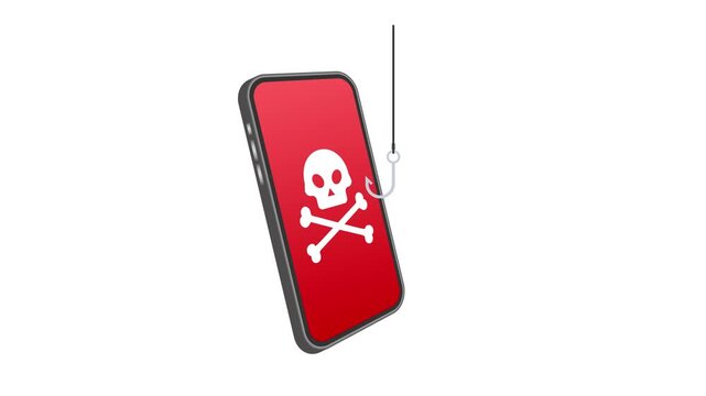 Smartphone phishing attack with a skull icon on screen