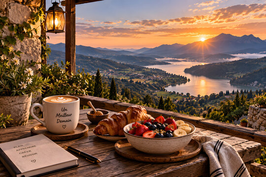 Morning Serenity: A tranquil breakfast spread of coffee, croissants, and fresh fruit sits on a rustic wooden table overlooking a breathtaking landscape of rolling hills, a serene lake.
