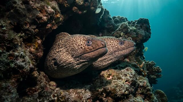 two moray eels underwater cave close up at morning light in great barrier reef australia video