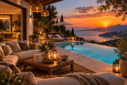 Luxury Villa by the Sea at Sunset: An opulent outdoor living space, featuring a serene infinity pool and plush seating, overlooks a breathtaking coastal vista as the sun dips below the horizon.