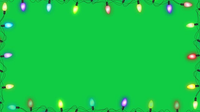 Colorful Christmas String Lights Blinking Border Frame Isolated Green Screen Loop Animation ,Chroma Key New Year and Holiday and Birthday Videos Overlay Motion design element