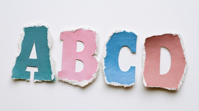 Torn paper letters spelling abcd arranged in a row on white background
