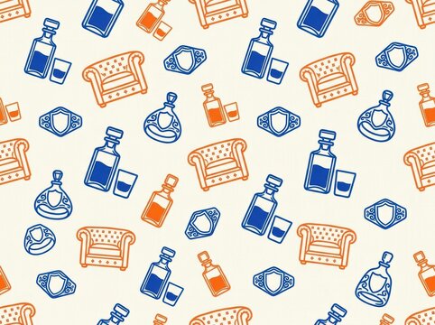 Liquor pattern with bottles glasses and lounge chairs seamless vector wallpaper