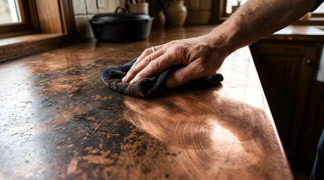 Hand Polishing a Copper Kitchen Countertop to Restore Its Natural Shine