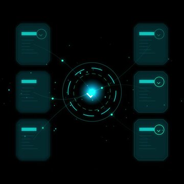 Digital data processing hud interface with glowing network nodes and checkmark completion animation technology