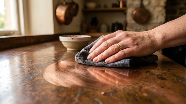 Detailed Copper Countertop Polishing by Hand During Kitchen Surface Maintenance
