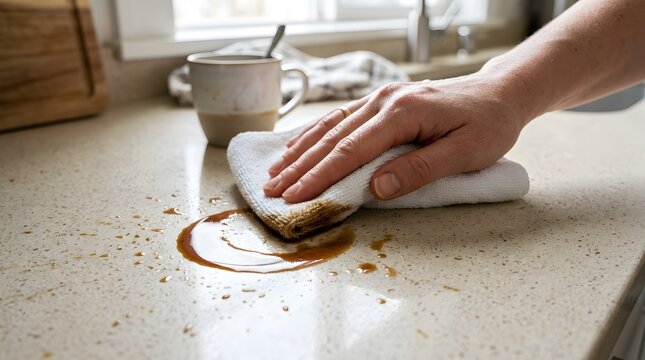 Hand Removing Coffee Stains and Spills from a Light Kitchen Countertop