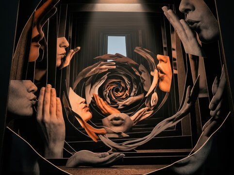 Whispering Faces in a Surreal Collage Tunnel of Communication