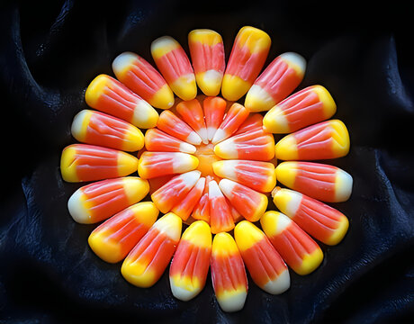 Colorful candy corn arranged in a circular pattern on dark surface
