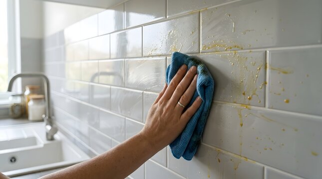 Removing Stubborn Cooking Grease from Kitchen Wall Tiles During Deep Cleaning