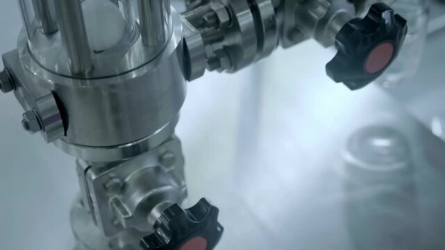 Ball valves on stainless steel pipes serving a chemical reactor. Closeup. Follow focus