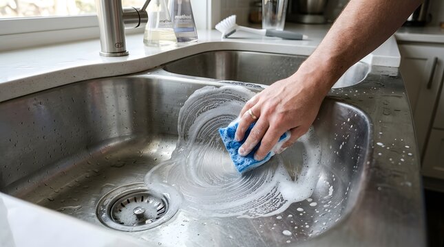 Cleaning a Stainless Steel Kitchen Sink with Soap Foam and Scrubbing Brush
