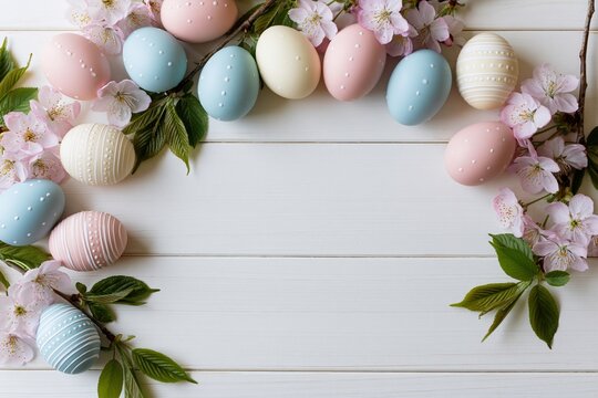 The Pastel Easter Eggs Framing a Spring Floral Border on White Wood