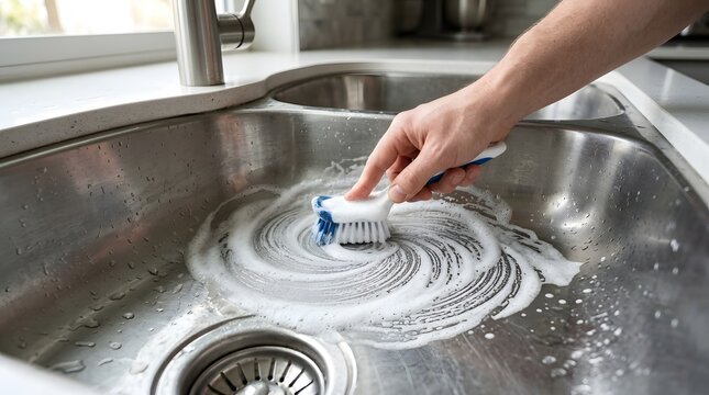 Thorough Soap Foam Cleaning of a Stainless Steel Kitchen Sink Surface