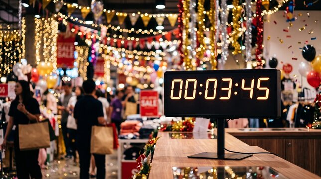 Digital timer displays 00 03 45 in a festive store filled with shoppers and sale signs during a holiday event