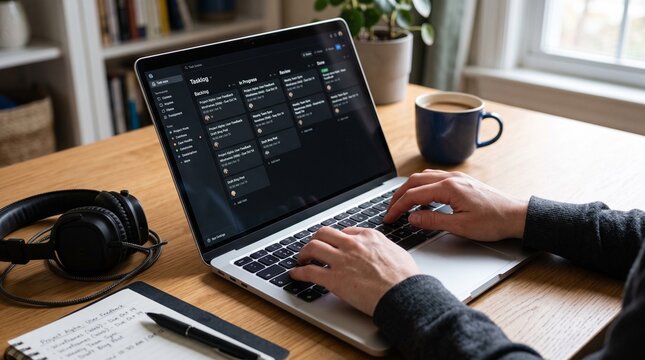 Person typing on laptop displaying task management software with headphones and coffee nearby on wooden desk