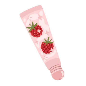 Lip gloss tube with raspberries. Cute pink lip balm isolated on white. Decorative cosmetic makeup product perfect for beauty and cosmetic designs. Flat vector illustration, hand drawn.