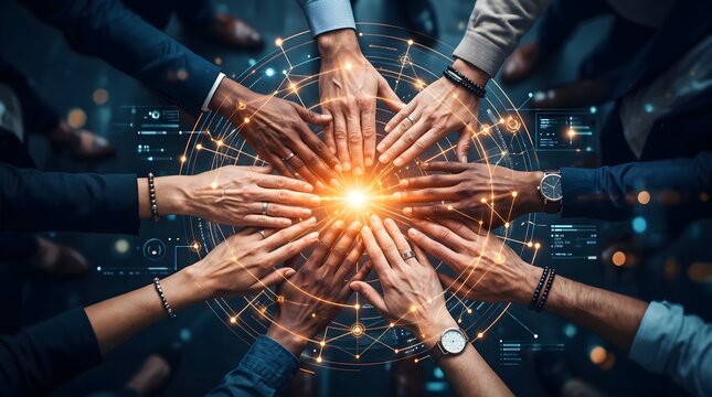 Diverse business colleagues joining hands together in a circle to demonstrate professional unity and effective corporate teamwork success