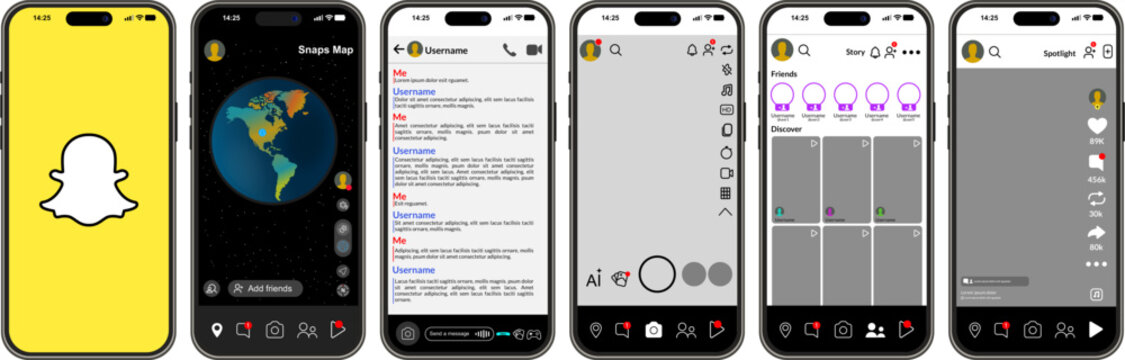 Snapchat mobile app interface, presentation of the smartphone screen layout, views of the social media app