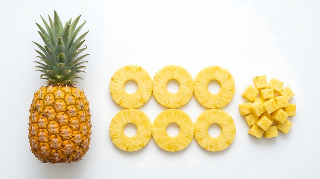 Fresh whole pineapple with sliced rings and chunks isolated on white background