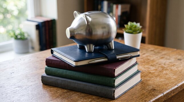 Silver Piggy Bank Sitting On Stack Of Books With Pen And Notebook On Wooden Desk