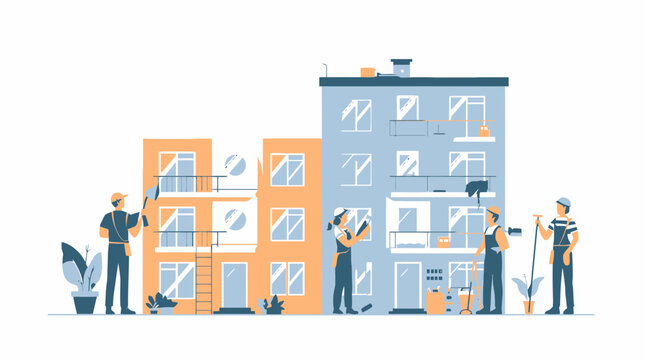 Flat vector illustration of construction workers repairing and painting buildings.