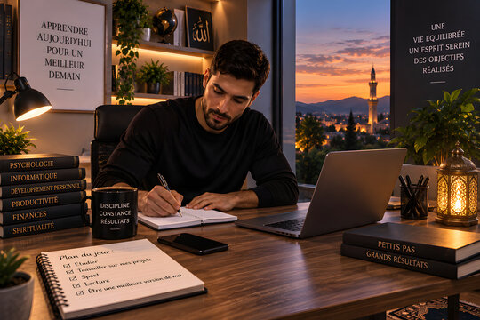Man working late in his home office at sunset. He's focused on writing in a notebook. The desk is tidy and organized with a laptop, books, and a lamp. The background shows a cityscape at dusk.