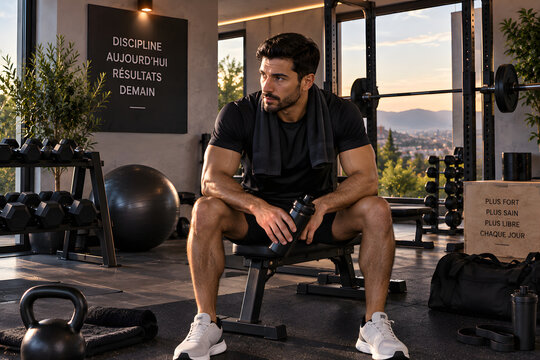 Fitness Motivation: A man in athletic wear takes a break, resting on a bench in a well-equipped gym with a scenic view, embodying dedication and strength.
