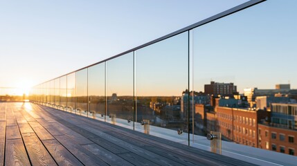 Obraz premium Glass panel railing along a wooden rooftop terrace overlooking city skyline at sunset
