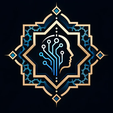 Artificial Intelligence Symbol: A stylized human head integrated with circuitry, set within an intricate geometric pattern, representing the convergence of technology and intelligence.