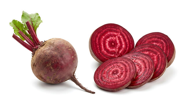 Fresh whole beetroot with sliced pieces isolated on white background