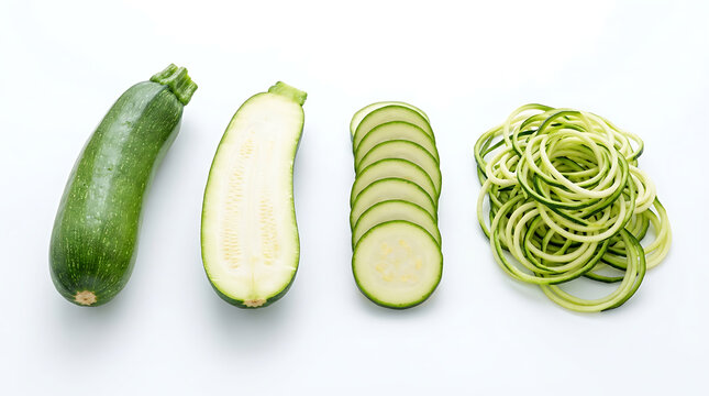 Fresh green zucchini whole sliced and spiralized isolated on white background