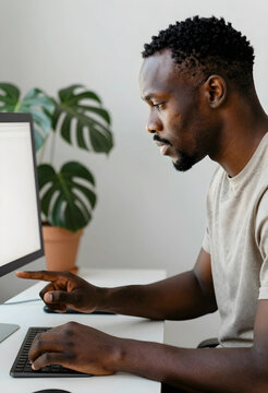 Remote work and digital productivity, focused man working on computer at home office desk with plant in background for freelance and corporate career