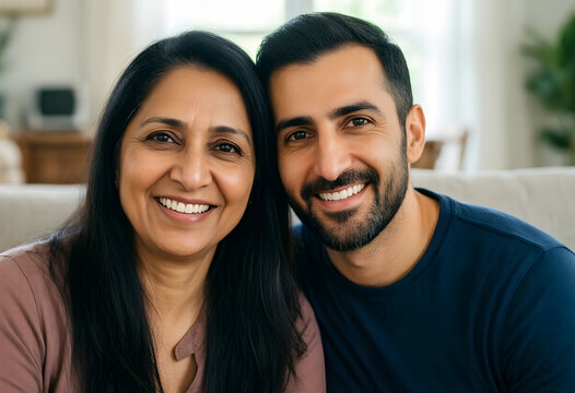 Family connection and intergenerational bonding, portrait of a happy mother and adult son smiling together at home during a casual weekend visit