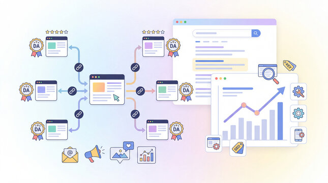 Referring domain concept, connected website icons linked by backlink line symbol, domain authority rating badge accents, traffic growth chart interface, bright clean minimal background, soft