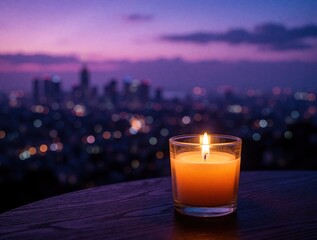 Obraz premium Burning orange candle in glass holder sits on dark wooden table. Warm flame glows against blurred violet twilight cityscape. Romantic night view of urban skyline with bokeh lights under purple sky.
